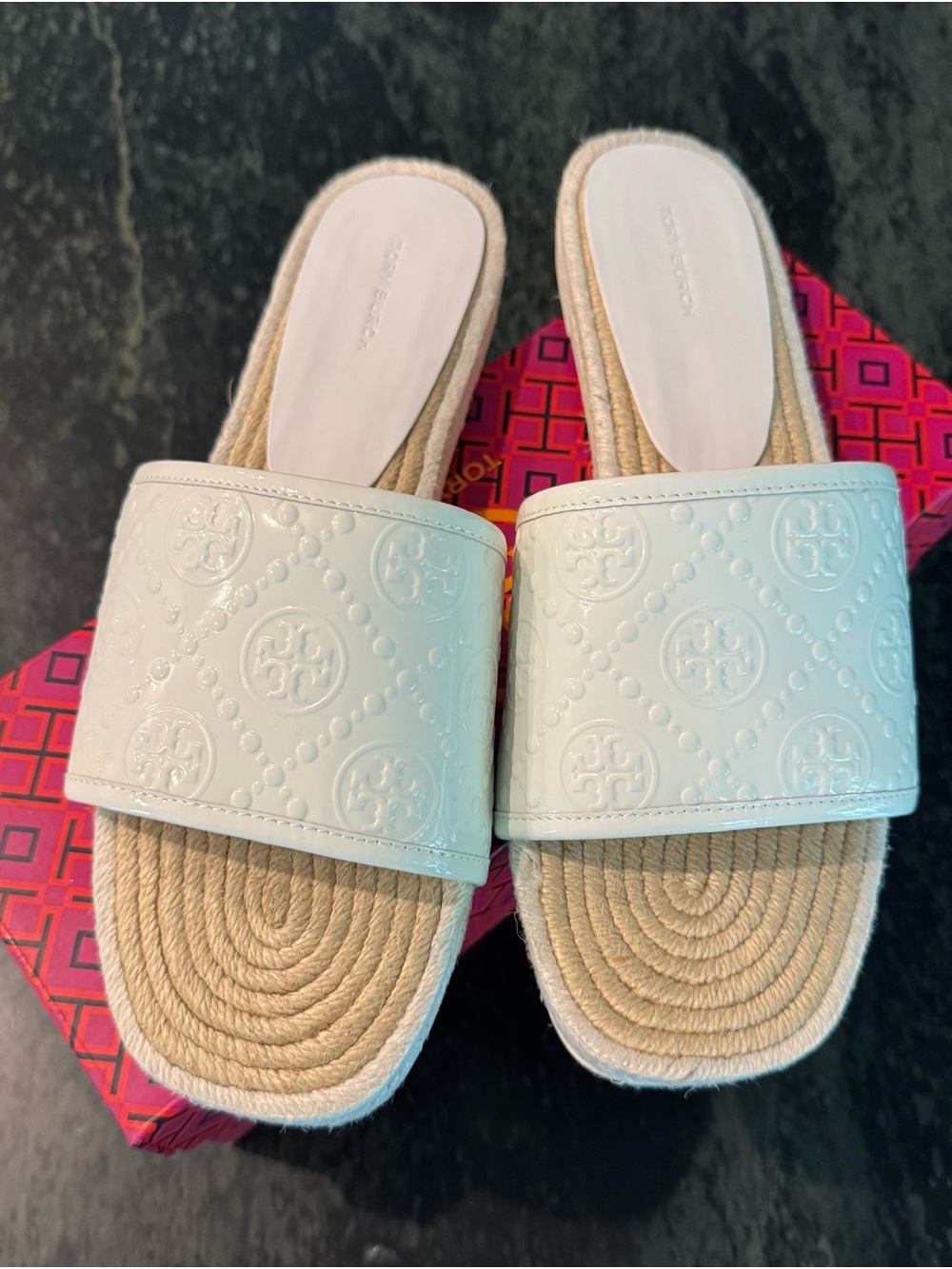 Tory Burch White Embossed Logo Espadrille Slide Sandals